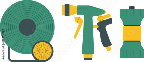 garden hose reel, water spray gun, hose connector, gardening tools set, flat vector illustration, irrigation equipment, outdoor garden supplies