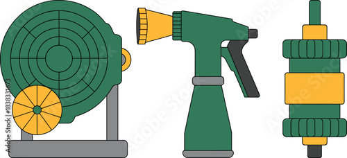garden hose reel, water spray gun, hose connector, gardening tools set, flat vector illustration, irrigation equipment, outdoor garden supplies
