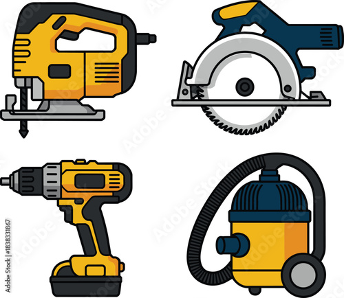 power tools illustration, jigsaw, circular saw, cordless drill, shop vacuum, construction equipment, DIY tools, workshop icons, tool vector set