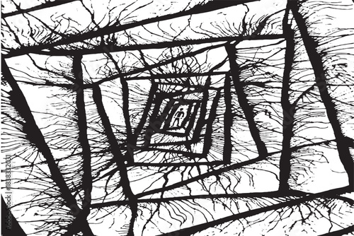Abstract Black and White Tree Branch Perspective Tunnel with Silhouetted Figure