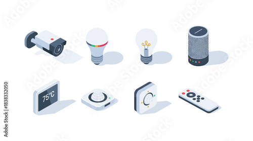 Isometric smart home icons: security, lighting, networking, and automation technology