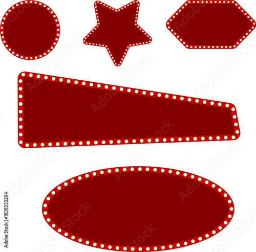 marquee sign box set,ight board in retro vintage style for circus, casino, karaoke bar, open mic. Red neon cinema marquuee frame with glow gold lights.