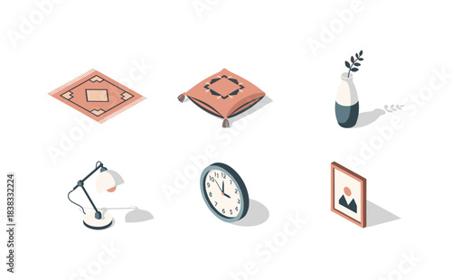 Isometric home decor elements: rug, cushion, vase, lamp, clock, frame