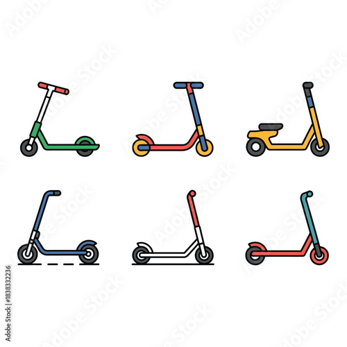 Collection of colorful electric scooters and kick scooters