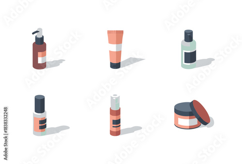 Isometric beauty products collection on white background