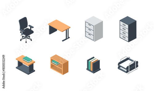 Isometric office furniture collection: desk, chair, cabinet, books, and more for modern workspace design