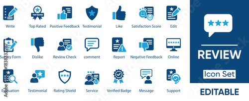 “Review and Feedback Icon Set – Rating, Testimonial, Evaluation, Customer Satisfaction Symbols” Solid vector icons collection.