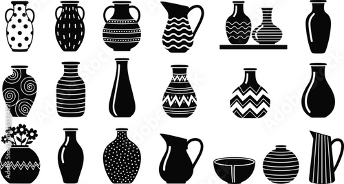 Set of black silhouette modern decorative vases, pitchers, and ceramic pots with abstract, geometric, and textured patterns, isolated vector illustration on white.