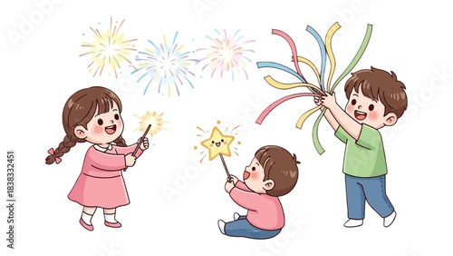 Enchanted Celebration: Delightful children revel in a vibrant display of fireworks and confetti, their eyes sparkling with wonder and excitement.