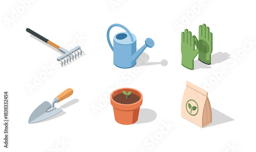 Isometric garden tools and plants set for gardening enthusiasts