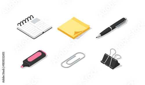 Essential office supplies in isometric style: notepad, sticky notes, pen, and more