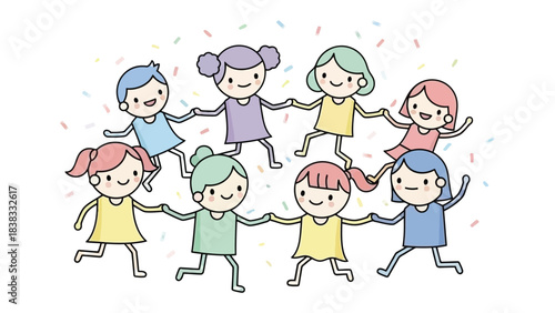 Dancing Unity: Joyful cartoon characters holding hands, celebrating unity and friendship in a vibrant atmosphere. 