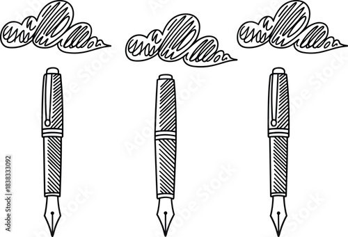 Hand-drawn fountain pen illustration, doodle sketch style, creative writing concept with clouds, artistic ink pen graphic, black and white design