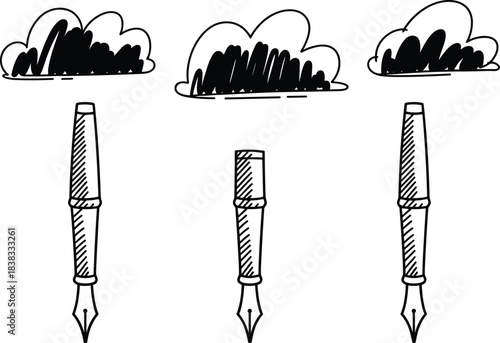Hand-drawn fountain pen illustration, doodle sketch style, creative writing concept with clouds, artistic ink pen graphic, black and white design