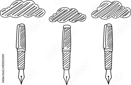 Hand-drawn fountain pen illustration, doodle sketch style, creative writing concept with clouds, artistic ink pen graphic, black and white design
