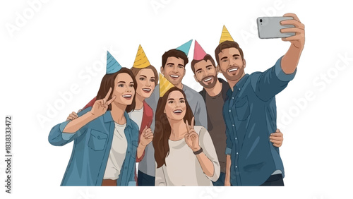 Celebratory Selfie: A group of joyous individuals, adorned in festive hats, gather to capture a selfie, radiating happiness and camaraderie, perfect for commemorating special moments.
