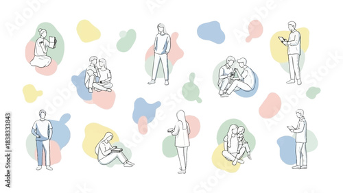 Technology-Driven Interaction: A collection of line art illustrations showcases individuals engrossed in their devices, highlighting the impact of technology on social interactions.