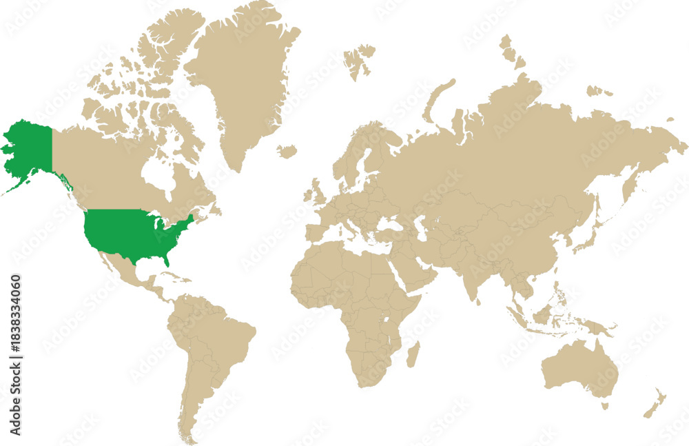 Obraz premium Vector map of USA highlighted in green world map, clean design ideal for geography, travel, and infographic use. Travel and tourism