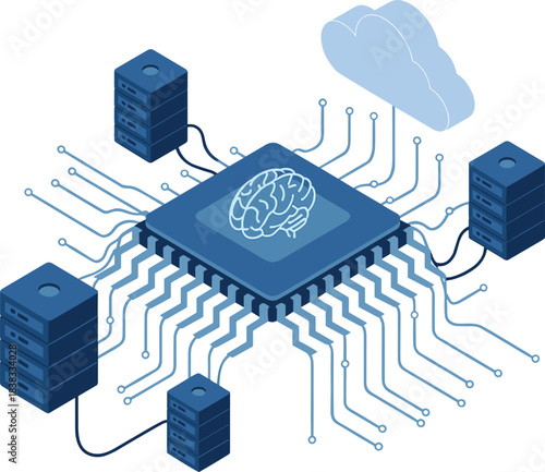 Isometric AI processor illustration, artificial intelligence chip, cloud computing network, data servers, machine learning technology, neural processing, digital innovation graphic
