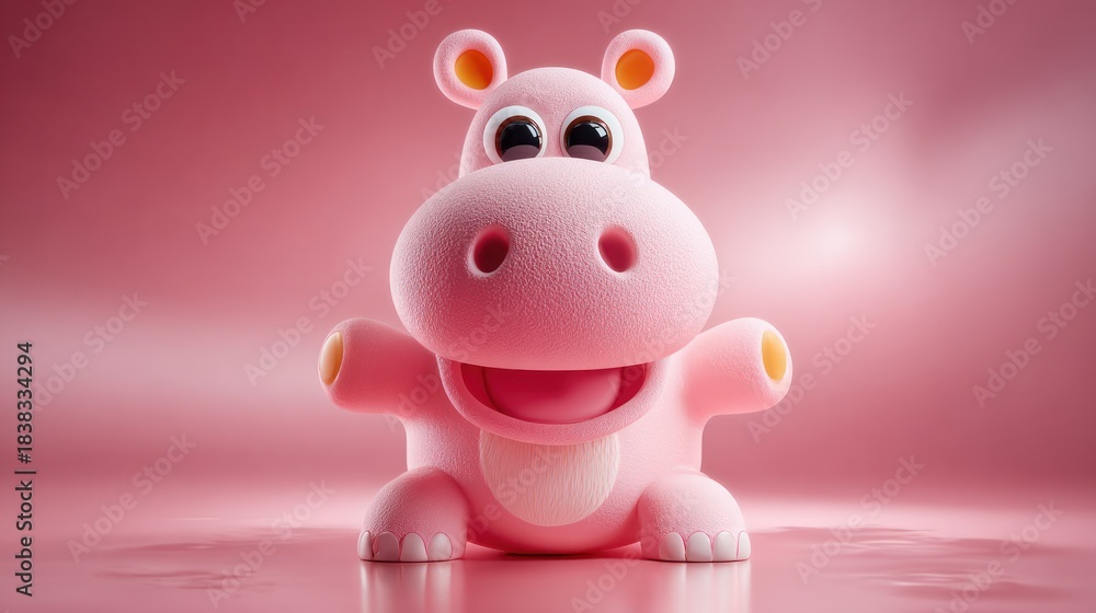Naklejka premium A 3D rendered, cute, smiling pink hippo toy stands on a matching pink gradient