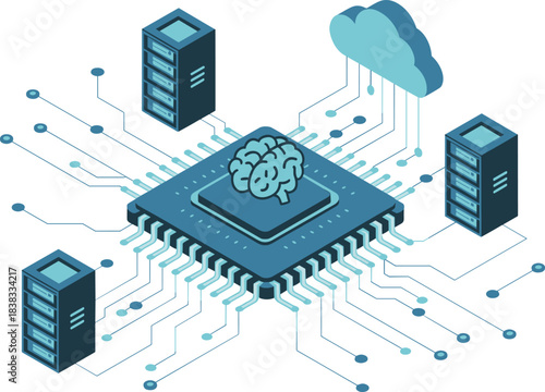 Isometric AI processor illustration, artificial intelligence chip, cloud computing network, data servers, machine learning technology, neural processing, digital innovation graphic