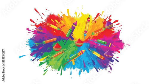 Colors of Joy: A vibrant explosion of hues bursts forth, adorned with colorful water guns, celebrating the spirit of festivity and jubilation.