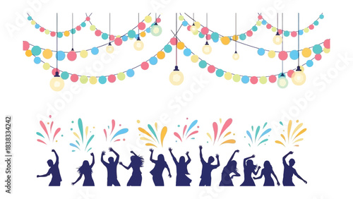 Festive Celebration Decorations: A lively illustration depicting silhouettes of partygoers beneath vibrant string lights and celebratory bursts.