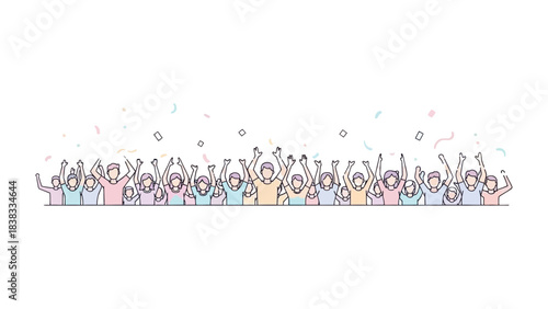 Joyous Crowd in Celebration: An illustration of an energetic crowd, united in exuberant celebration, hands raised high amidst a shower of colorful confetti.