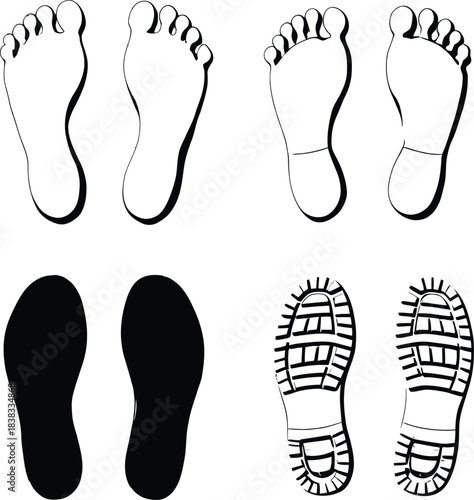Black and White Outline and Silhouette Collection of Human Footprints, Bare Foot Shapes, and Shoe Sole Treads for Tracking and Movement Designs.