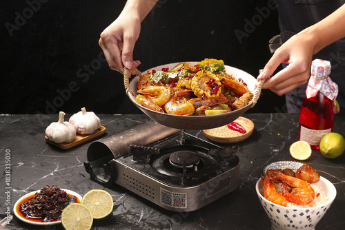 Canvastavla Homemade Spicy Shrimp and Vegetable Stir-Fry Cooking in Wok with Fresh Ingredien