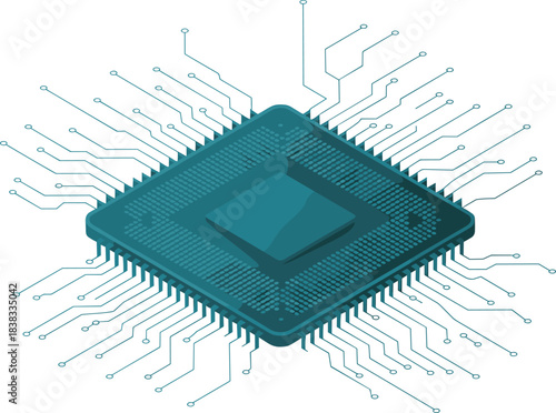 Isometric CPU illustration, advanced microchip design, electronic circuit board, semiconductor technology, digital processor system, high tech hardware concept, computing innovation