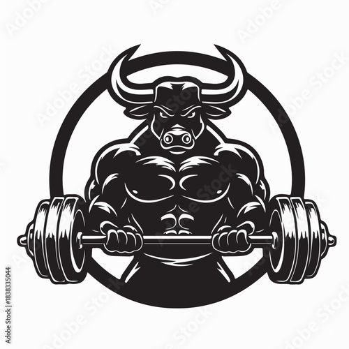 Bull Bodybuilder Using A Barbell Design Logo Vector on white Background