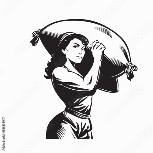 Strong Woman Lifting Heavy Bag in Bold Black and White Vintage Style Image Vector