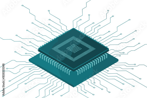 Isometric CPU illustration, advanced microchip design, electronic circuit board, semiconductor technology, digital processor system, high tech hardware concept, computing innovation