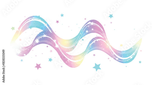 Whimsical Swirls of Color and Sparkle: A radiant, abstract design of swirling pastel ribbons, embellished with twinkling stars, dances gracefully across the scene.