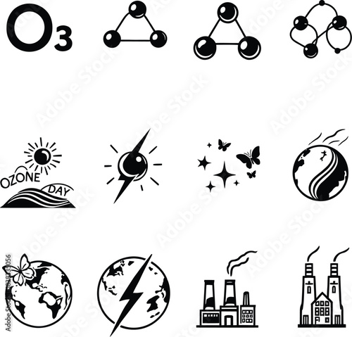 Black and White Icon Set of Environmental Symbols Including Ozone Molecules ($O_3$), Ozone Day, Lightning, Butterflies, Earth, and Industrial Pollution Factories.