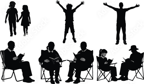 Family Reading and Active Lifestyle Silhouettes, Diverse People Enjoying Books Outdoors, Children Jumping and Adults Relaxing in Chairs, Concept of Education and Freedom