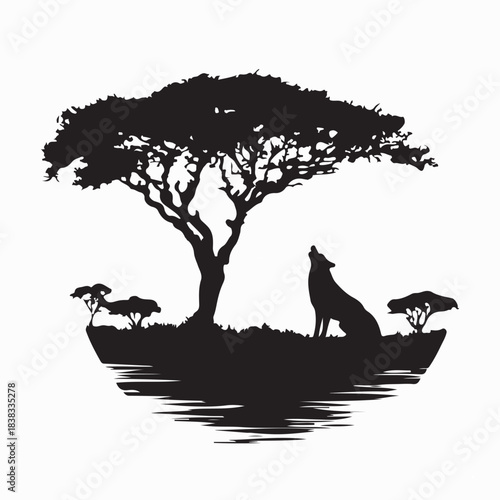 Wolf Howling Under a Tree Silhouette Vector on White Background