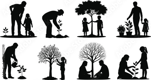"Family Tree Planting and Watering Silhouette Vector Set: Parents and Children Engage in Reforestation, Gardening, Nature Conservation, Environmental Care, Growth,