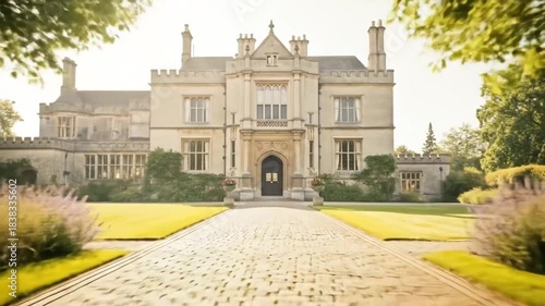 Sunlight Illuminating Elegant Historic Mansion Surrounded by Lush Gardens in Morning Light