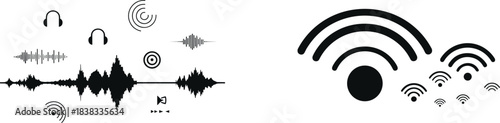 Minimalist sound icons, audio waveform set, ear symbol, headphones, speaker waves, music signals, black and white line illustration