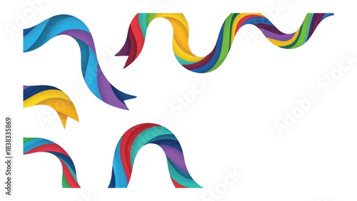 Colorful Ribbon Streamers: A vibrant display of abstract ribbon streamers gracefully twist and turn, showcasing a spectrum of lively hues and dynamic forms. A cheerful and eye-catching composition.