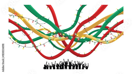 Abstract Holiday Cheer: An artistic arrangement of vibrant ribbons and festive string lights cascade above a silhouetted crowd, evoking the spirit of celebration and joy.