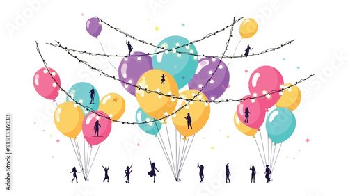 Party with Balloons and Festoon Lights: A vibrant celebration filled with colorful balloons floating beneath strings of festoon lights, the scene is adorned with playful silhouettes.