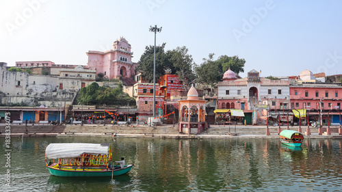 India, Madhya Pradesh, Satna, View of Ram Ghat and Sacred Mandakini River With Boats, Chitrakoot. 