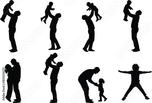 Father and Child Silhouette Vector Collection: Celebrating Paternity, Love, Family Bonding, and Joyful Childhood Moments, perfect for Father's Day, Parenting Concepts, 