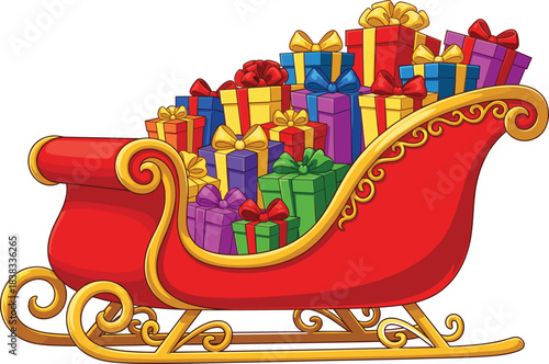 A classic red and gold vector illustration of Santa's ornate sleigh completely overloaded with stacks of colorful wrapped Christmas gifts and presents
