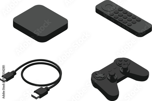 Isometric media device set, streaming box, remote control, USB cable, game controller, tech accessories, electronics illustration, black 3D icons