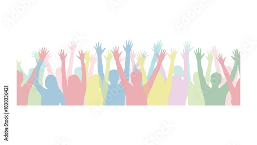 Joyful Silhouette: A colorful silhouette captures the spirit of community and the collective jubilation of many people. expressing their enthusiastic gesture with outstretched hands