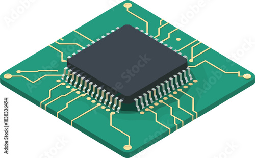 Isometric microchip illustration, electronic circuit board design, semiconductor processor, hardware components, integrated circuit technology, digital engineering, high performance computing concept